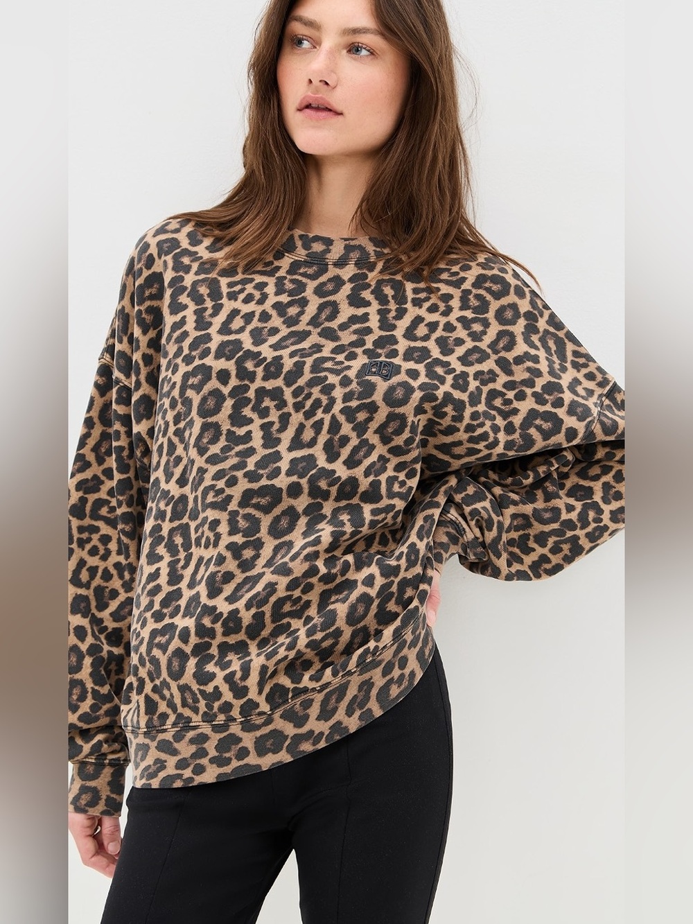 Anine Bing Miles Leopard Print Crewneck Sweatshirt NWT